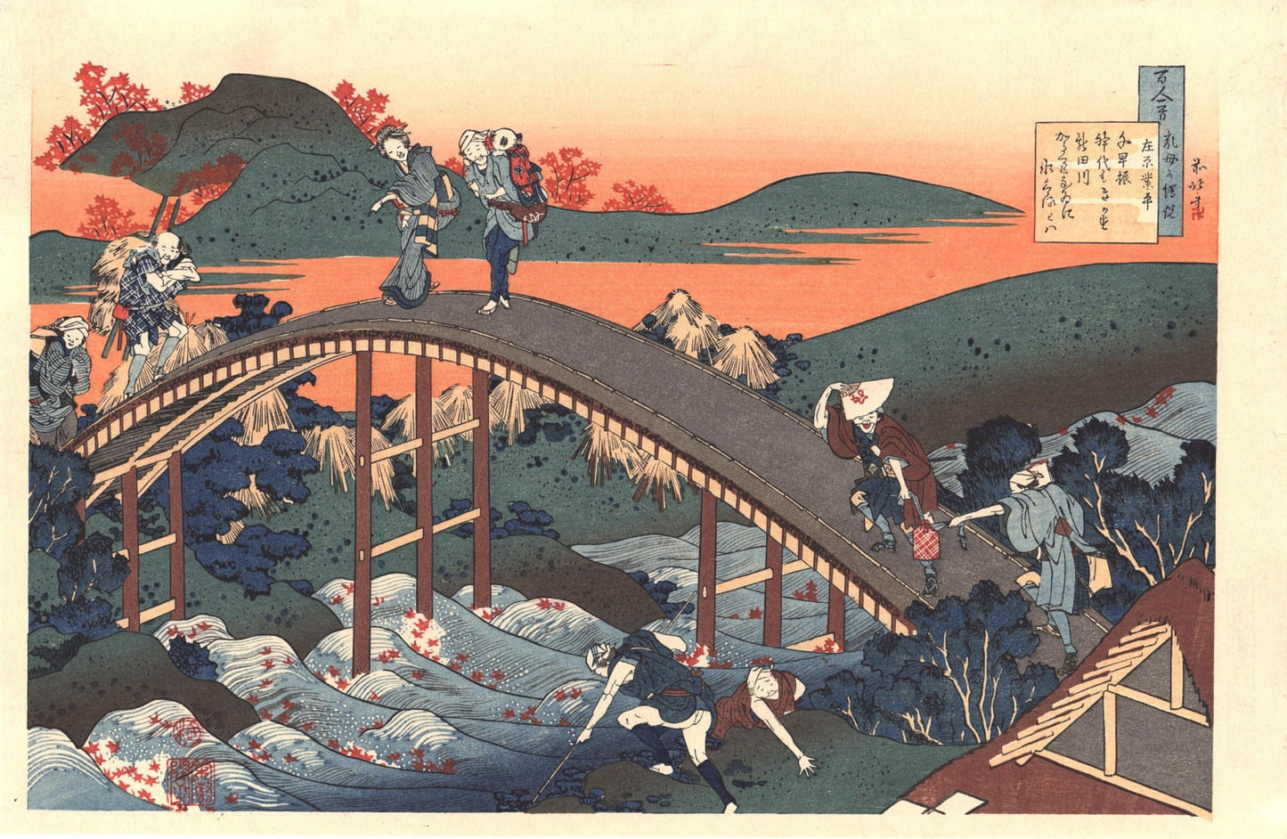 Japanese Ukiyo-e Woodblock print, Hokusai, "Poem by Ariwara Narihira"