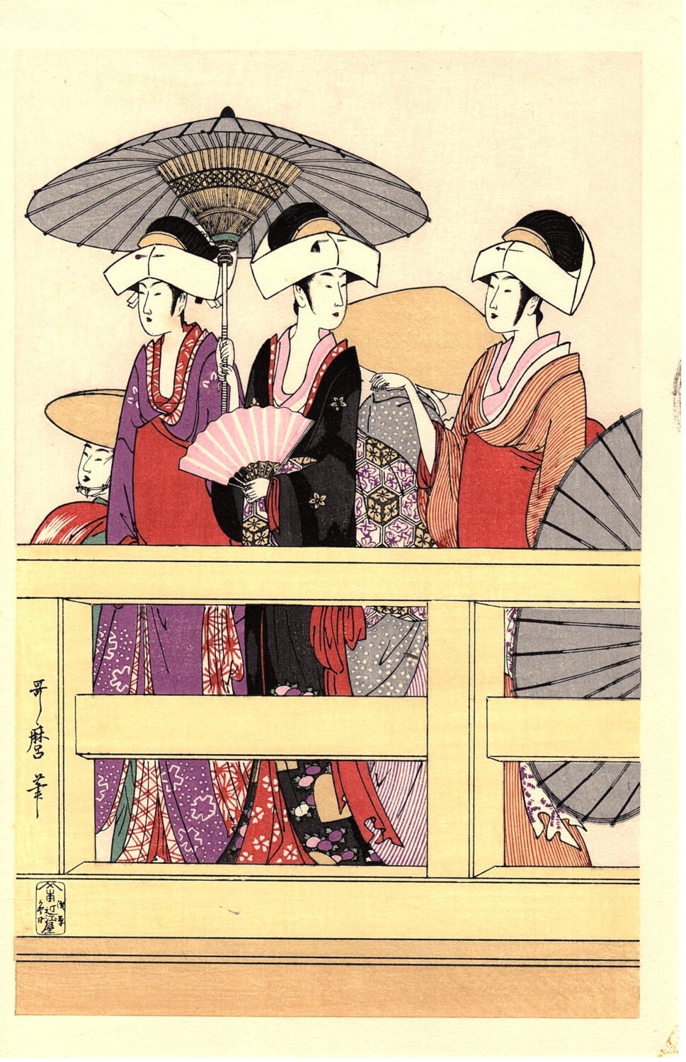 Japanese Ukiyoe, Woodblock print, Utamaro, "On Top of and beneath Ryôgoku Bridge ue" 3