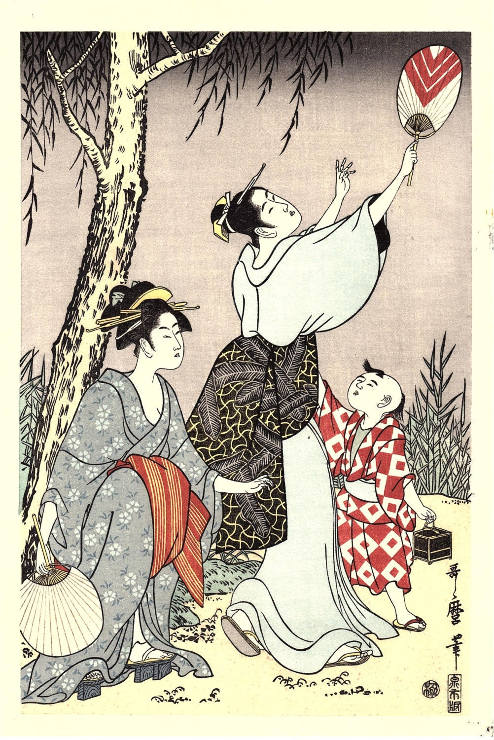 Japanese Ukiyoe, Woodblock print, Utamaro, "Catching Fireflies" 1