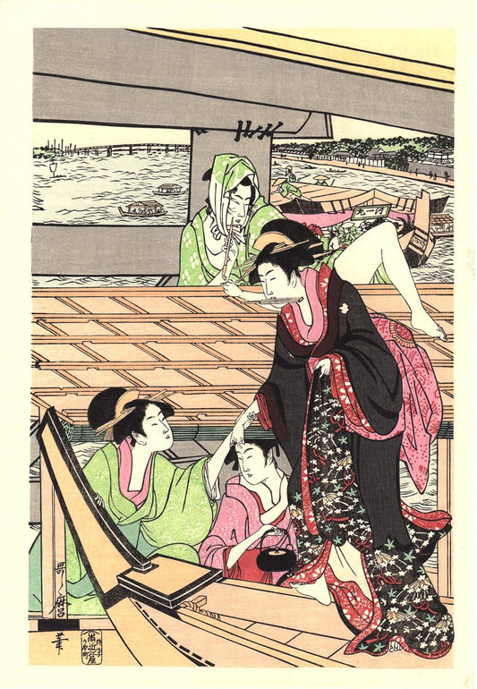 Japanese Ukiyoe, Woodblock print, Utamaro, "On Top of and beneath Ryôgoku Bridge shita" 3