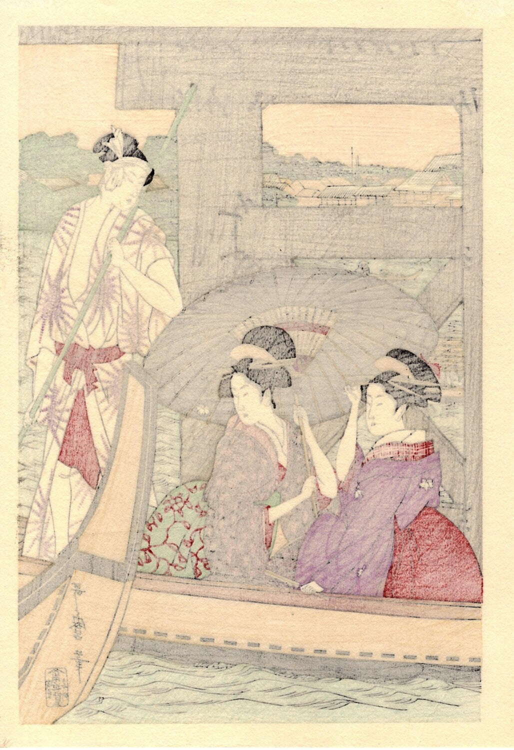 Japanese Ukiyoe, Woodblock print, Utamaro, "On Top of and beneath Ryôgoku Bridge shita"1