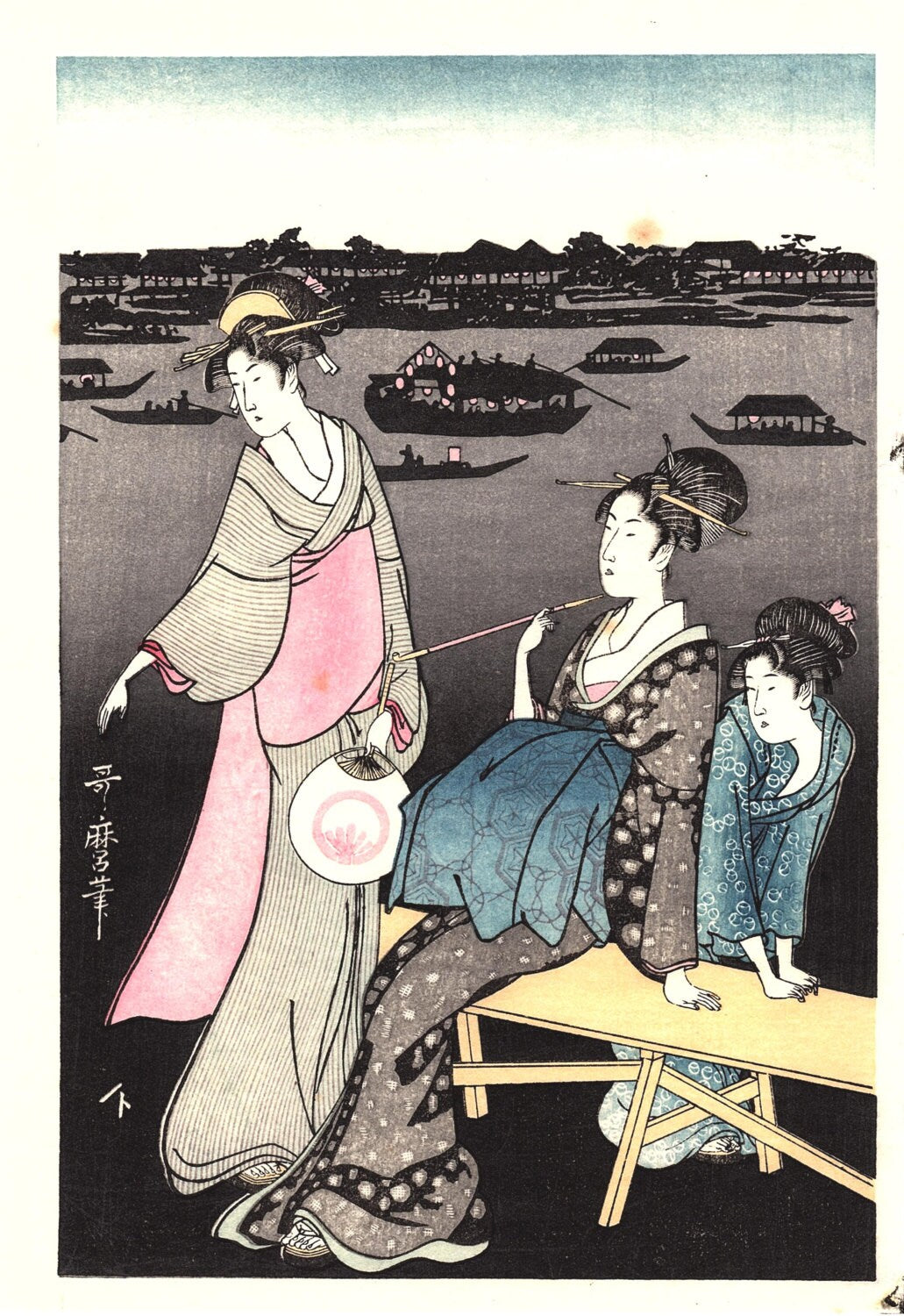 Japanese Ukiyoe, Woodblock print, Utamaro, "Enjoying the Evening Cool on the Banks of Sumida River" 1