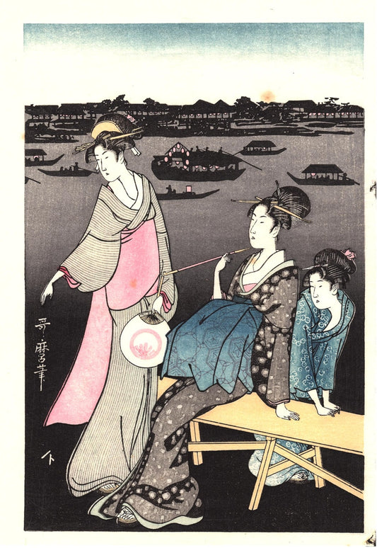 Japanese Ukiyoe, Woodblock print, Utamaro, "Enjoying the Evening Cool on the Banks of Sumida River" 3