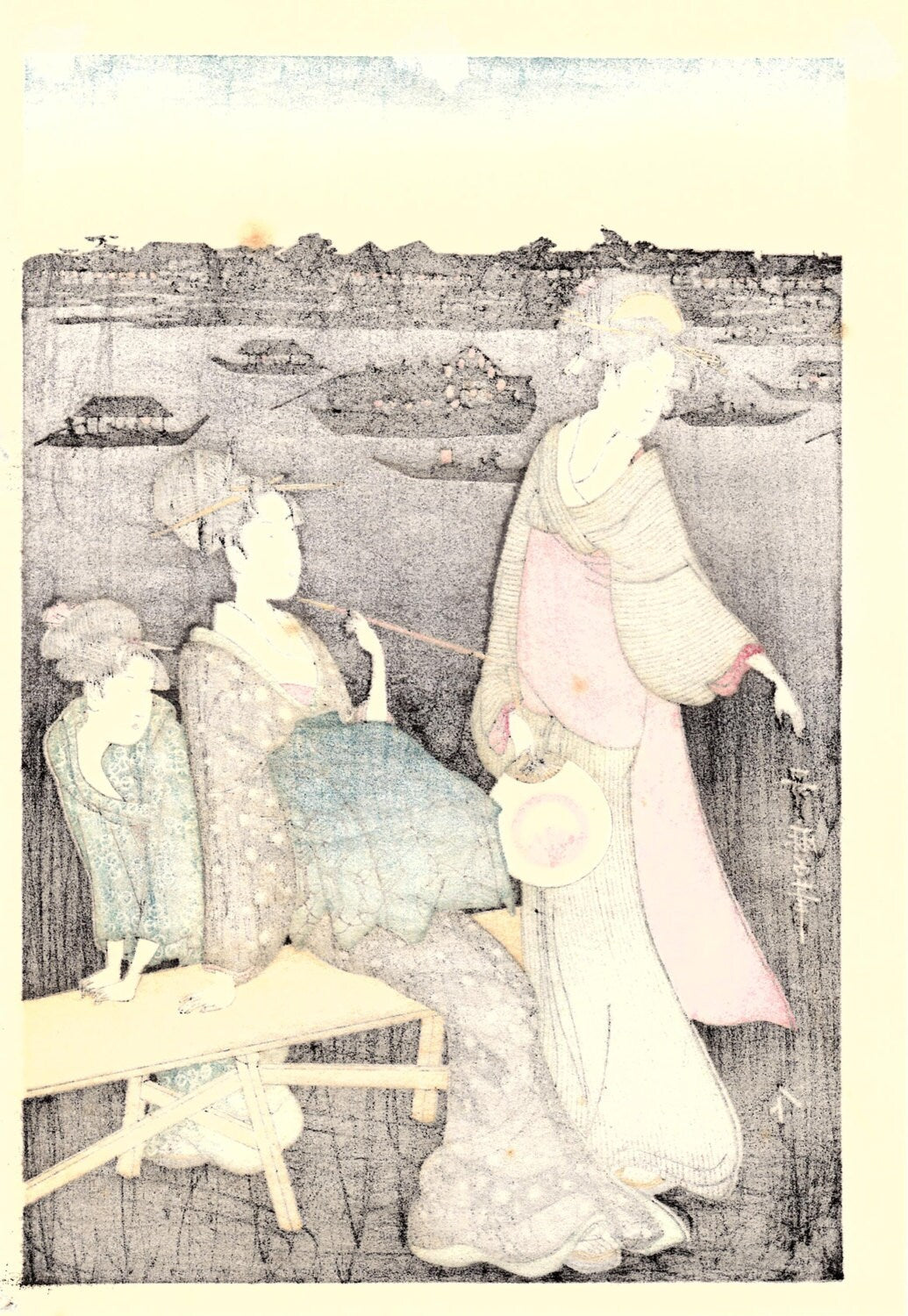 Japanese Ukiyoe, Woodblock print, Utamaro, "Enjoying the Evening Cool on the Banks of Sumida River" 3