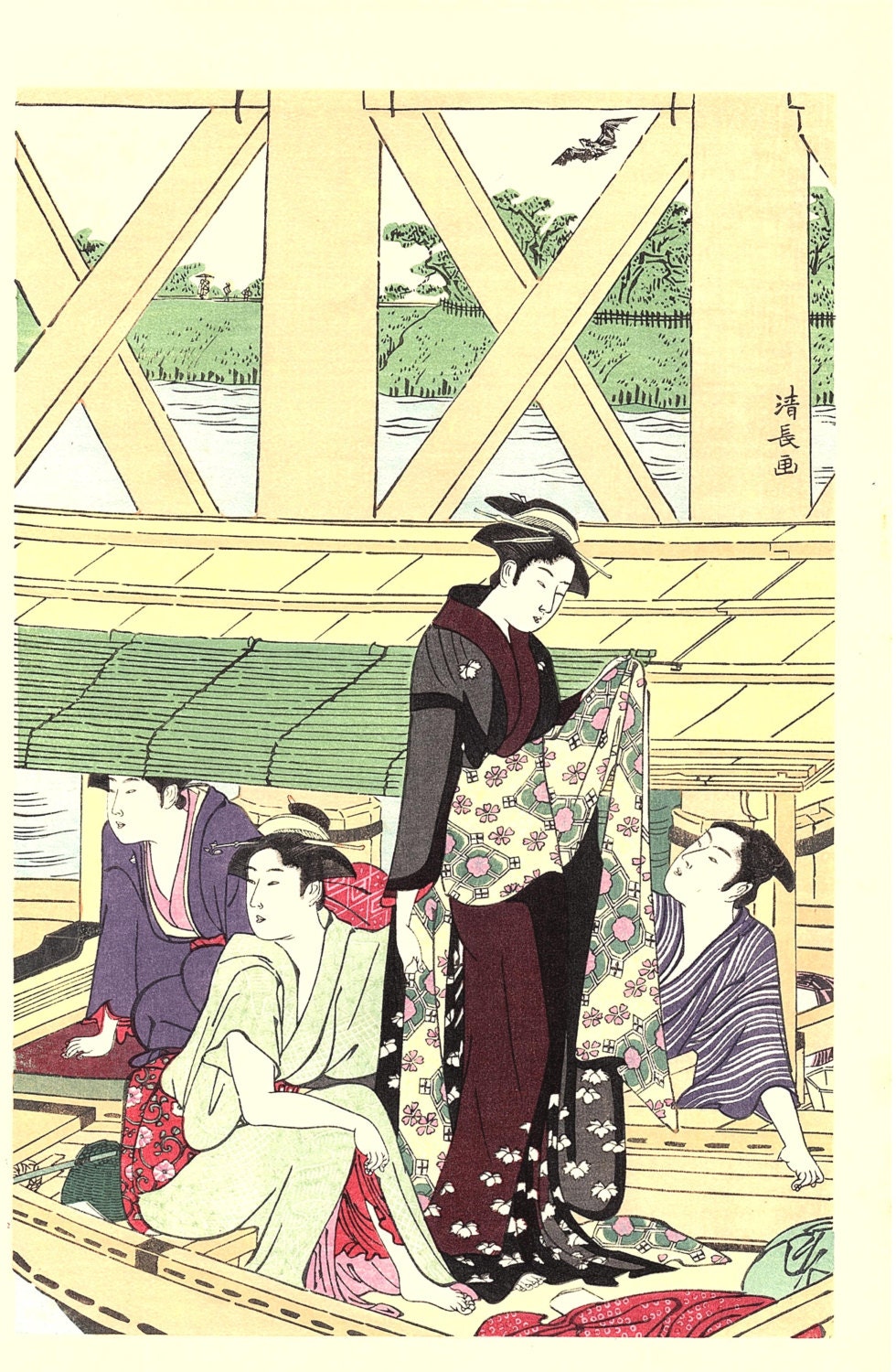 ese Ukiyoe, Woodblock print, antique, Kiyonaga,  "A Boating Party under Azuma Bridge" 3