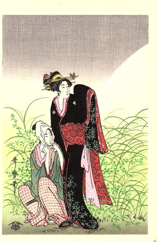 Japanese Ukiyoe, Woodblock print, antique, Utamaro,  "Musashino" 1