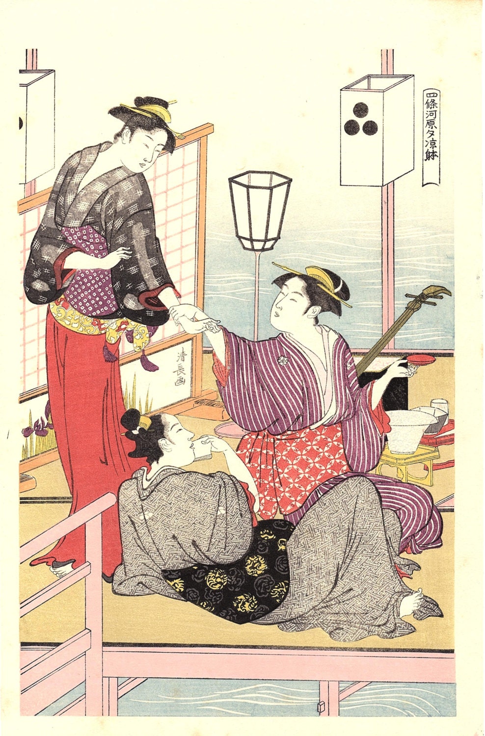 Japanese Ukiyoe, Woodblock print, antique, Kiyonaga,  "Cooling off in the Evening at Shijo Riverbank" 3