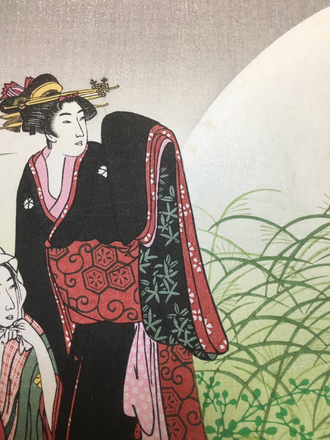 Japanese Ukiyoe, Woodblock print, antique, Utamaro,  "Musashino" 1