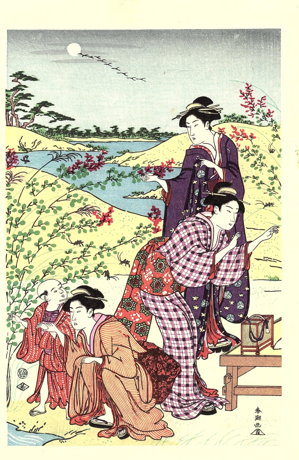 Japanese Ukiyoe, Woodblock print, antique, Katsukawa Shuncho,  "A Picnic Party in Autumn" 3