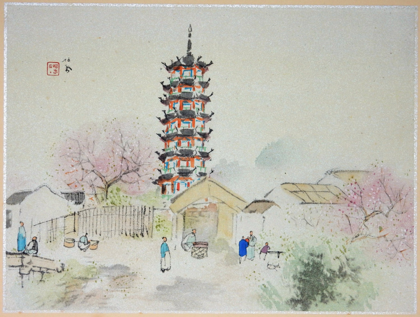 1936, Japanese antique print, Takeuchi Seihō, " Longhua Temple, Jiāngnán"