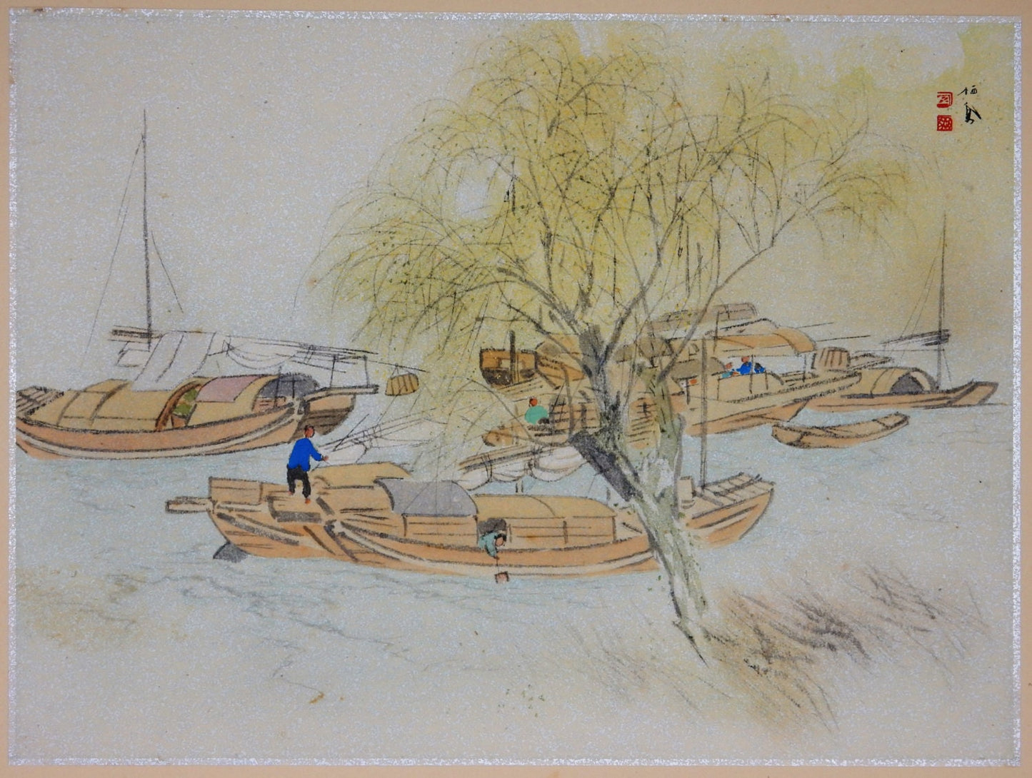 1936, Japanese antique print, Takeuchi Seihō, "Zhenjiang, Boats"