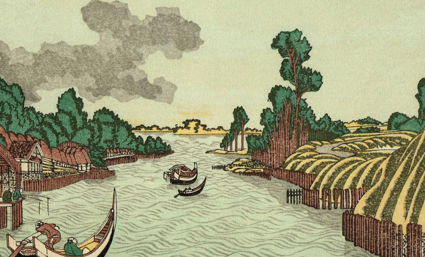 Japanese Ukiyo-e Woodblock print, Hokusai, "View of Sumida River from Azuma Bridge"