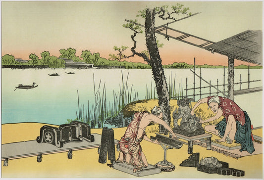 Japanese Ukiyo-e Woodblock print, Hokusai, "Ceramic factory at Imado, Asakusa"