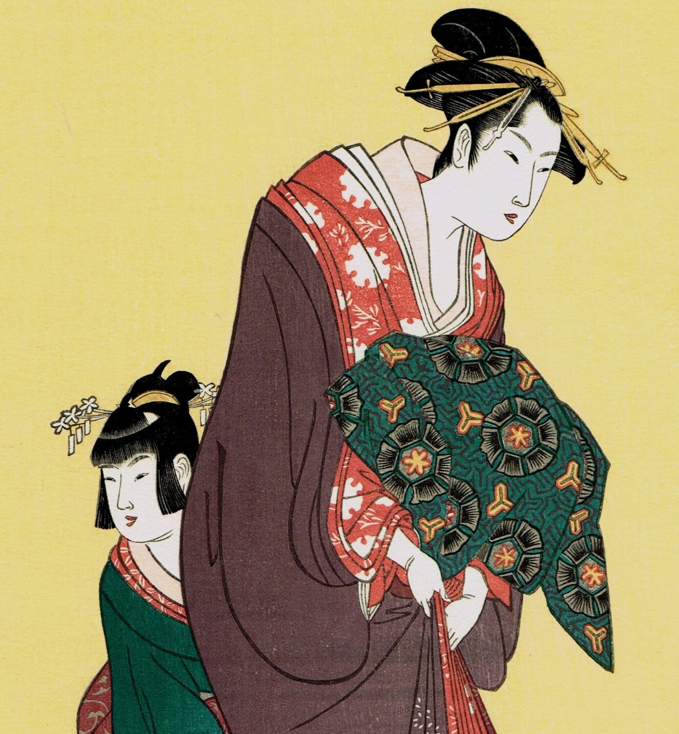 Japanese Ukiyo-e Woodblock print, Utamaro, "The Courtesan Makiginu of the Tamiya House"