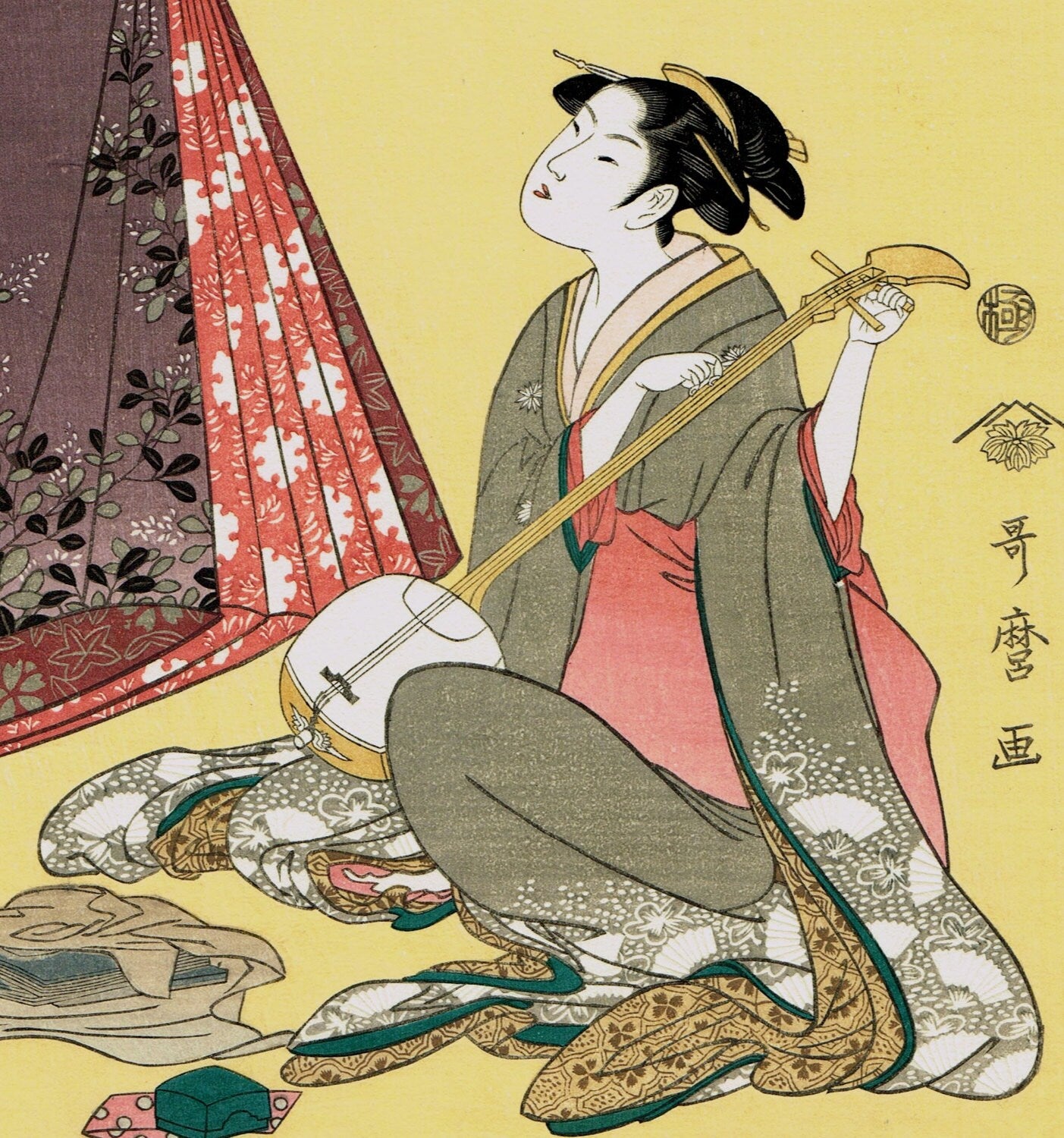 Japanese Ukiyo-e Woodblock print, Utamaro, "The Courtesan Makiginu of the Tamiya House"