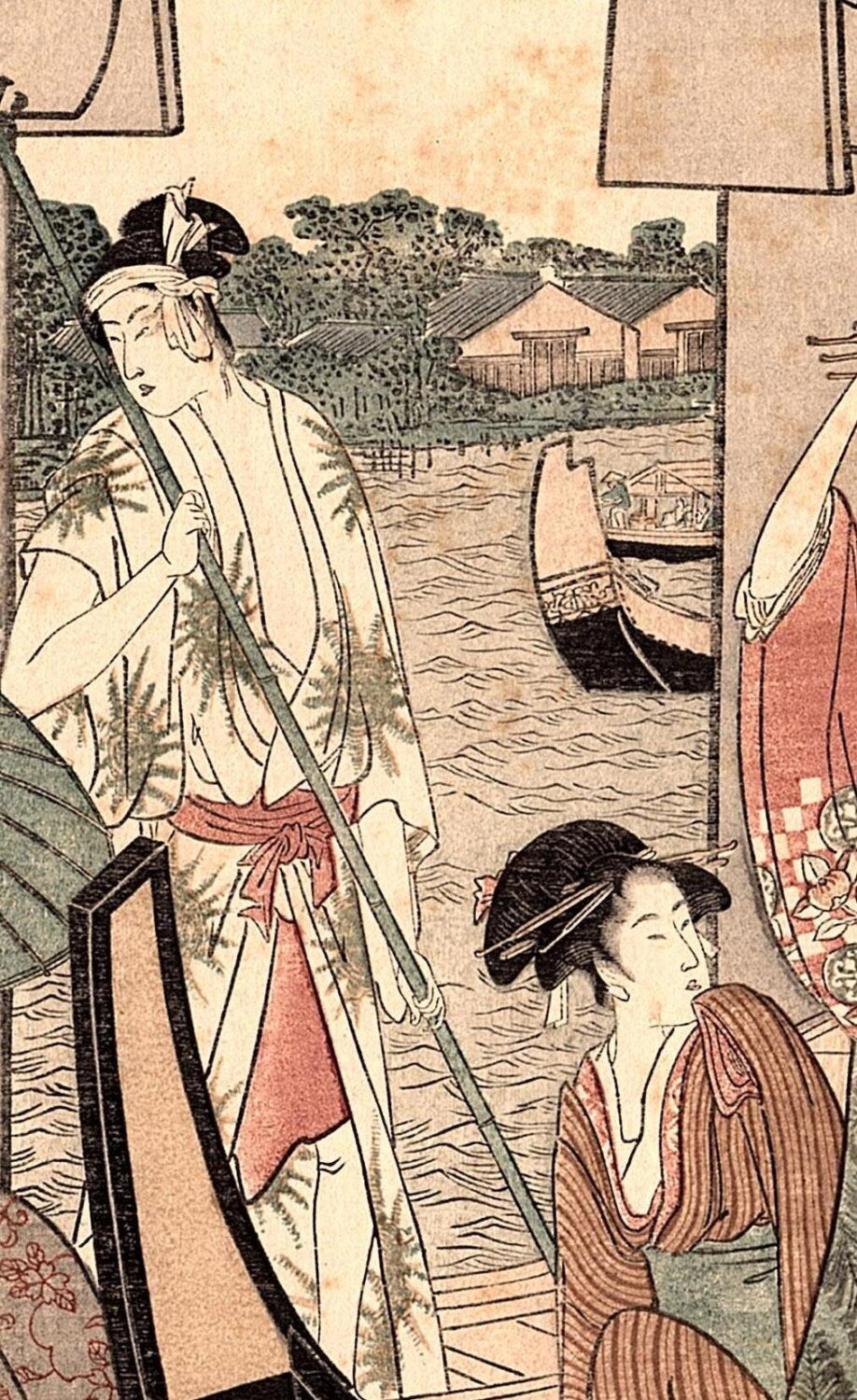 1923, Japanese vintage Woodblock print, Utamaro "Enjoying the Cool at the Ryogoku Bridge"