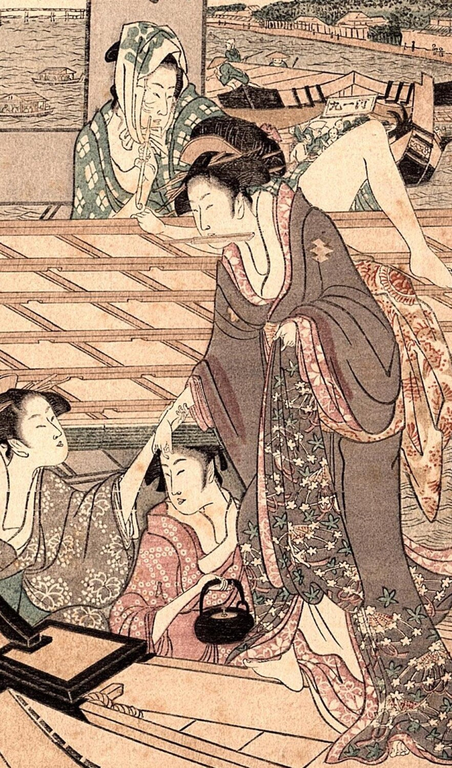 1923, Japanese vintage Woodblock print, Utamaro "Enjoying the Cool at the Ryogoku Bridge"