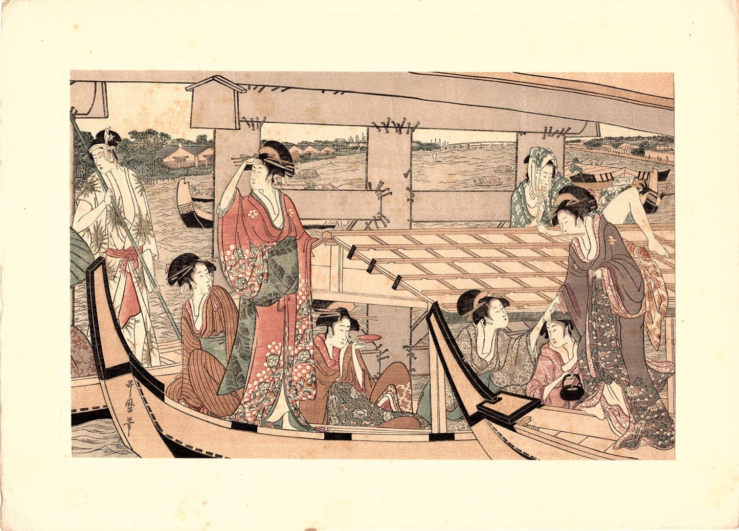 1923, Japanese vintage Woodblock print, Utamaro "Enjoying the Cool at the Ryogoku Bridge"