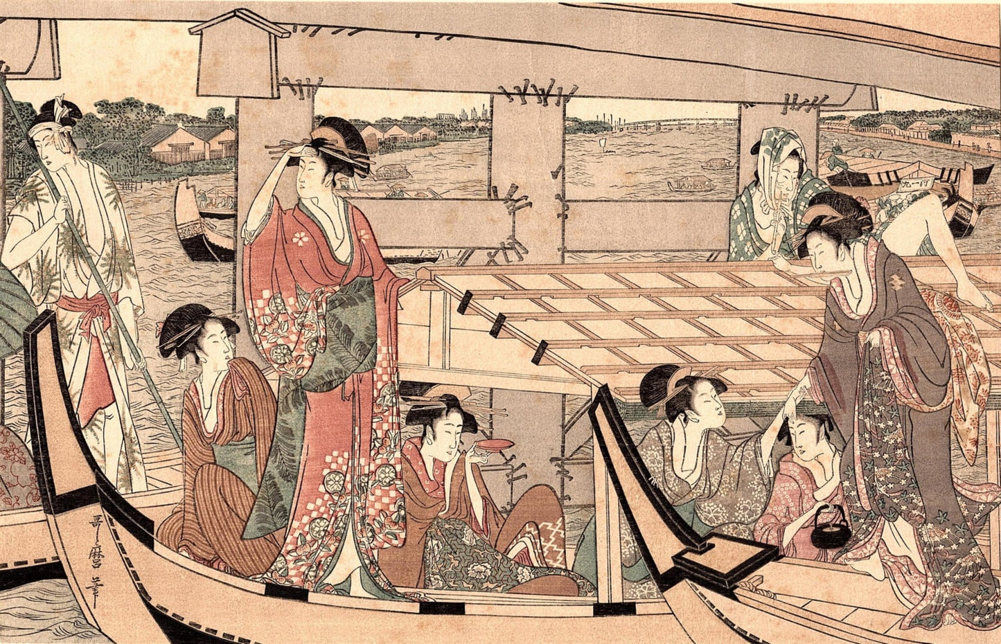 1923, Japanese vintage Woodblock print, Utamaro "Enjoying the Cool at the Ryogoku Bridge"