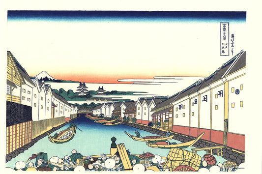 Japanese Ukiyo-e Woodblock print, Katsushika Hokusai, "Nihonbashi bridge in Edo, from the series Thirty-six Views of Mount Fuji"