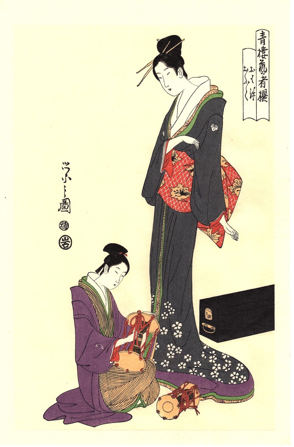 Japanese Ukiyoe, Woodblock print, Eishi, "Three Courtesans Playing Music" 3