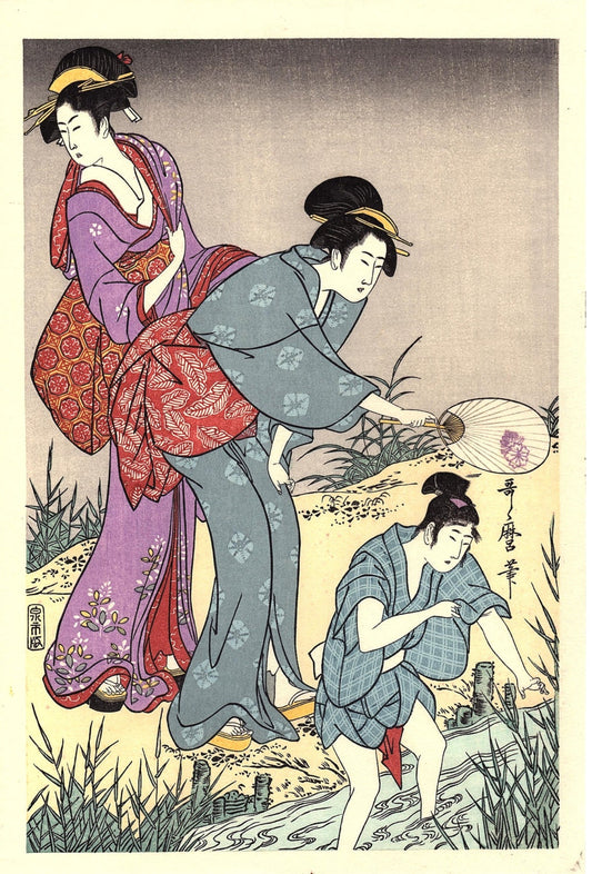 Japanese Ukiyoe, Woodblock print, Utamaro, "Catching Fireflies" 3