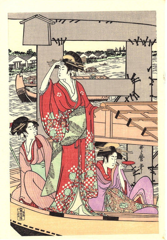 Japanese Ukiyoe, Woodblock print, Utamaro, "On Top of and beneath Ryôgoku Bridge shita" 2