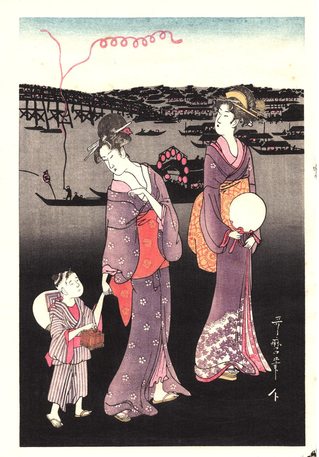 Japanese Ukiyoe, Woodblock print, Utamaro, "Enjoying the Evening Cool on the Banks of Sumida River" 2