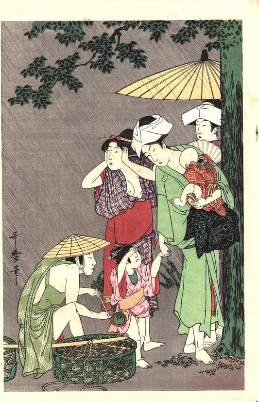 Japanese Ukiyoe, Woodblock print, antique, Utamaro,  "Rain Shower" 2