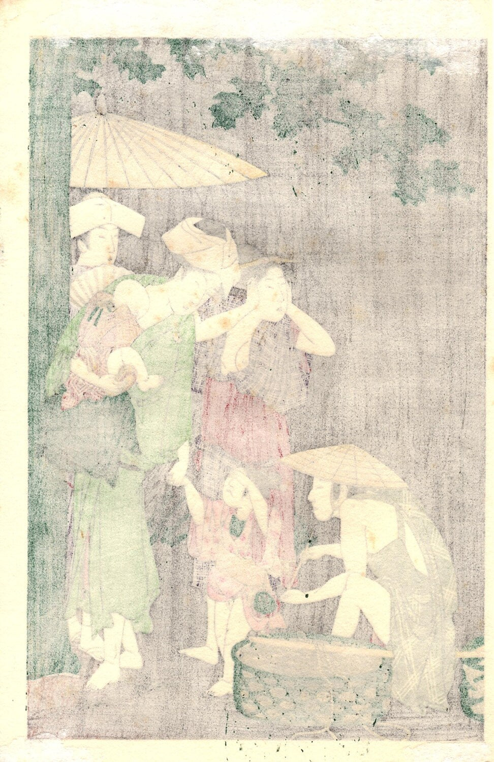 Japanese Ukiyoe, Woodblock print, antique, Utamaro,  "Rain Shower" 2