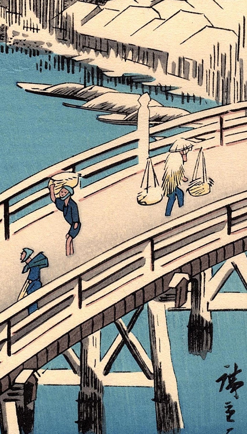 Japanese Ukiyo-e Woodblock print, Ando Hiroshige, "View of Nihonbashi Bridge in Snow"