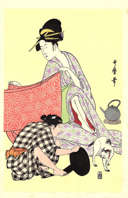 Japanese Ukiyoe, Woodblock print, antique, Utamaro,  "Needlework" 2