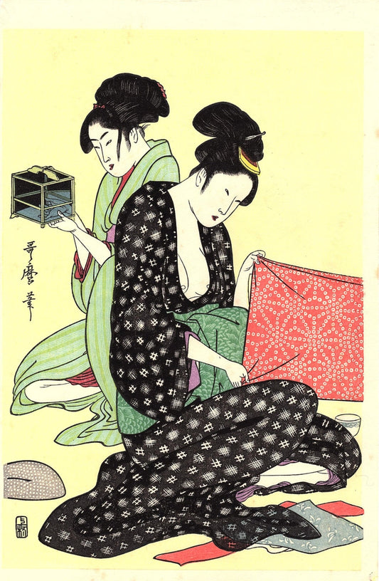 Japanese Ukiyoe, Woodblock print, antique, Utamaro,  "Needlework" 1