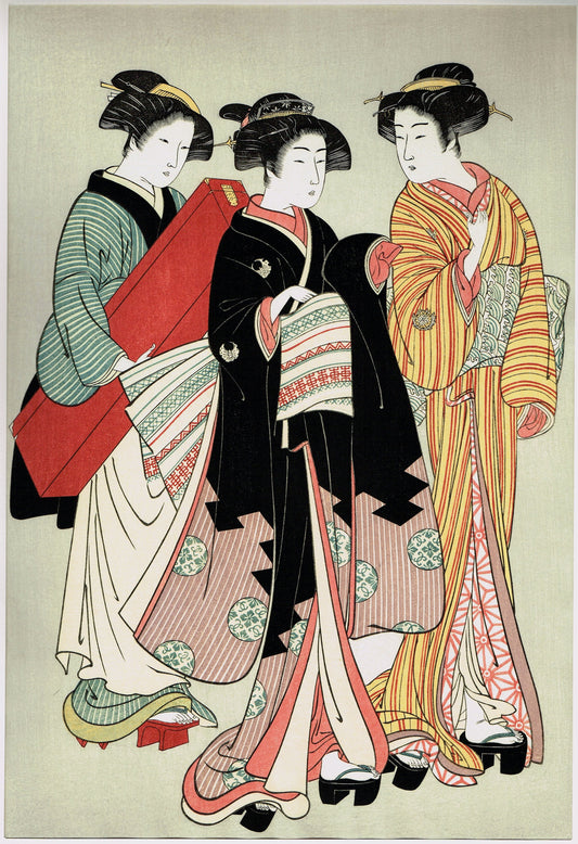 Japanese Ukiyo-e Woodblock print, Kitao Shigemasa, "Geisha And Attendants"