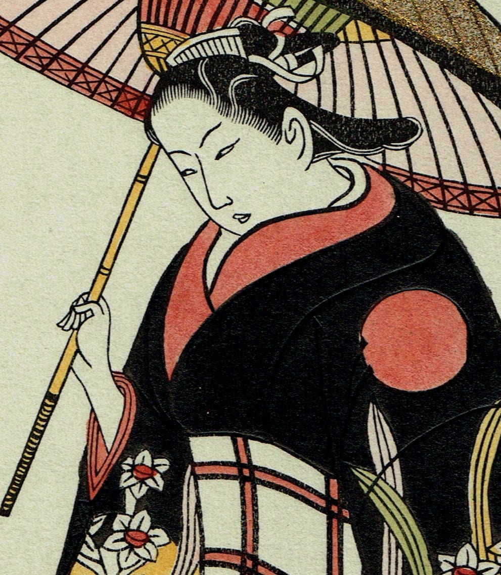 Japanese Ukiyo-e Woodblock print, Torii Kiyotada, "Woman With Umbrella"