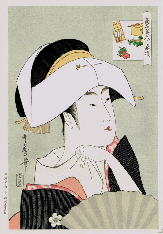 Japanese Ukiyo-e Woodblock print, Utamaro, "Portrait of Tomimoto Toyohina"