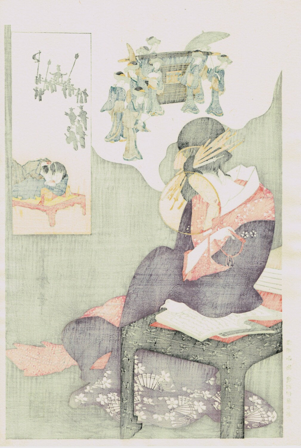 Japanese Ukiyo-e Woodblock print, Utamaro, "An up to Date Version of the Legend of Kan Tan"