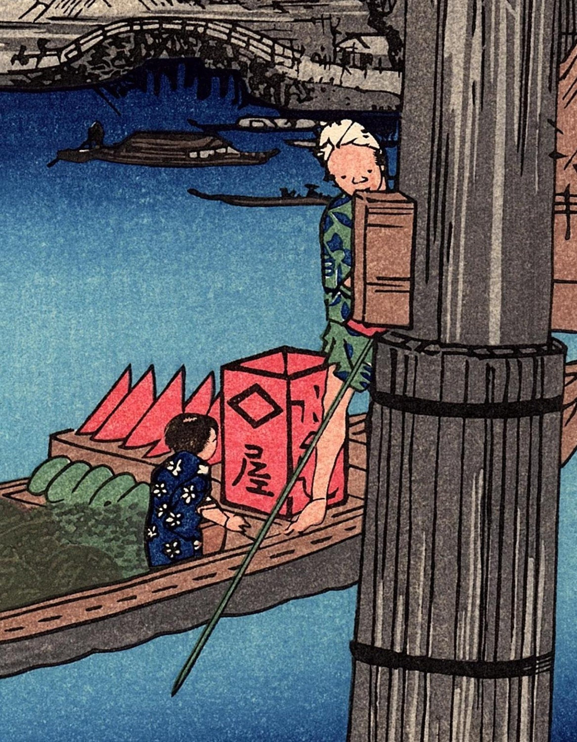 Japanese Ukiyo-e Woodblock print, Ando Hiroshige, "Summer Moon over Ryogoku"