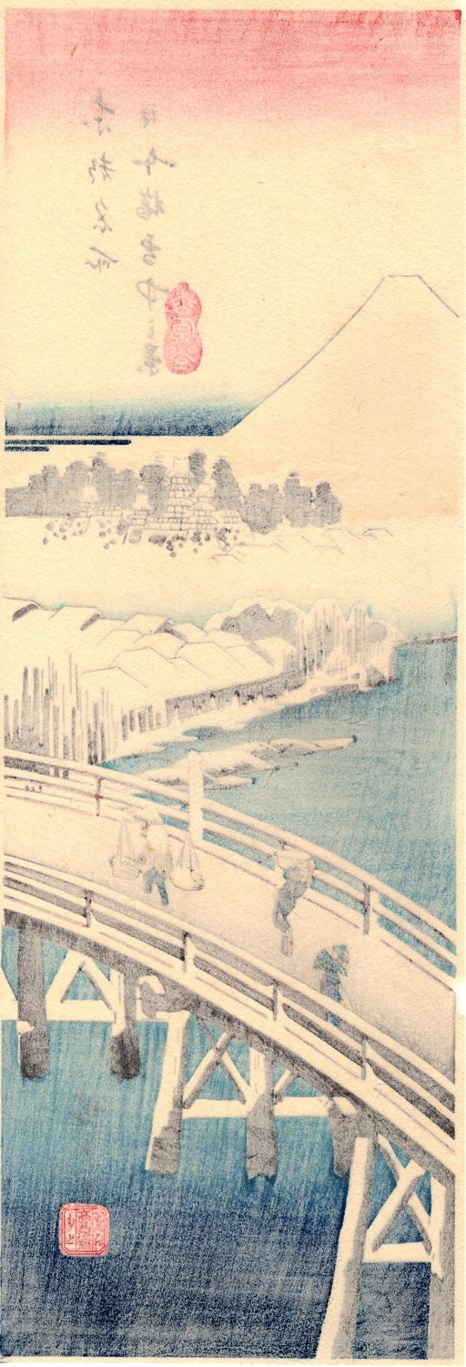 Japanese Ukiyo-e Woodblock print, Ando Hiroshige, "View of Nihonbashi Bridge in Snow"