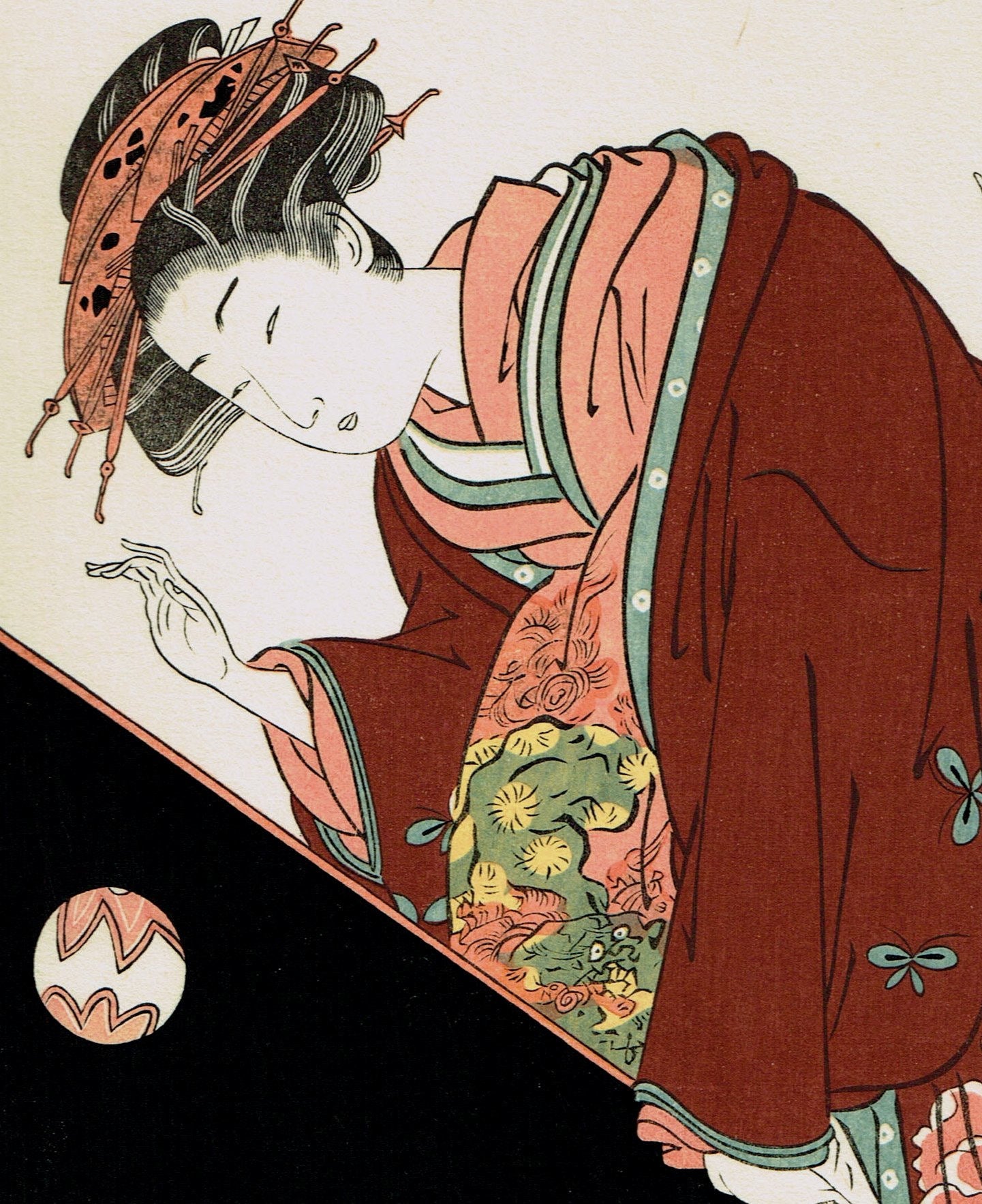 Japanese Ukiyo-e Woodblock print, Koryusai, "Coutesan And Her Maid Plyaing At Temari"