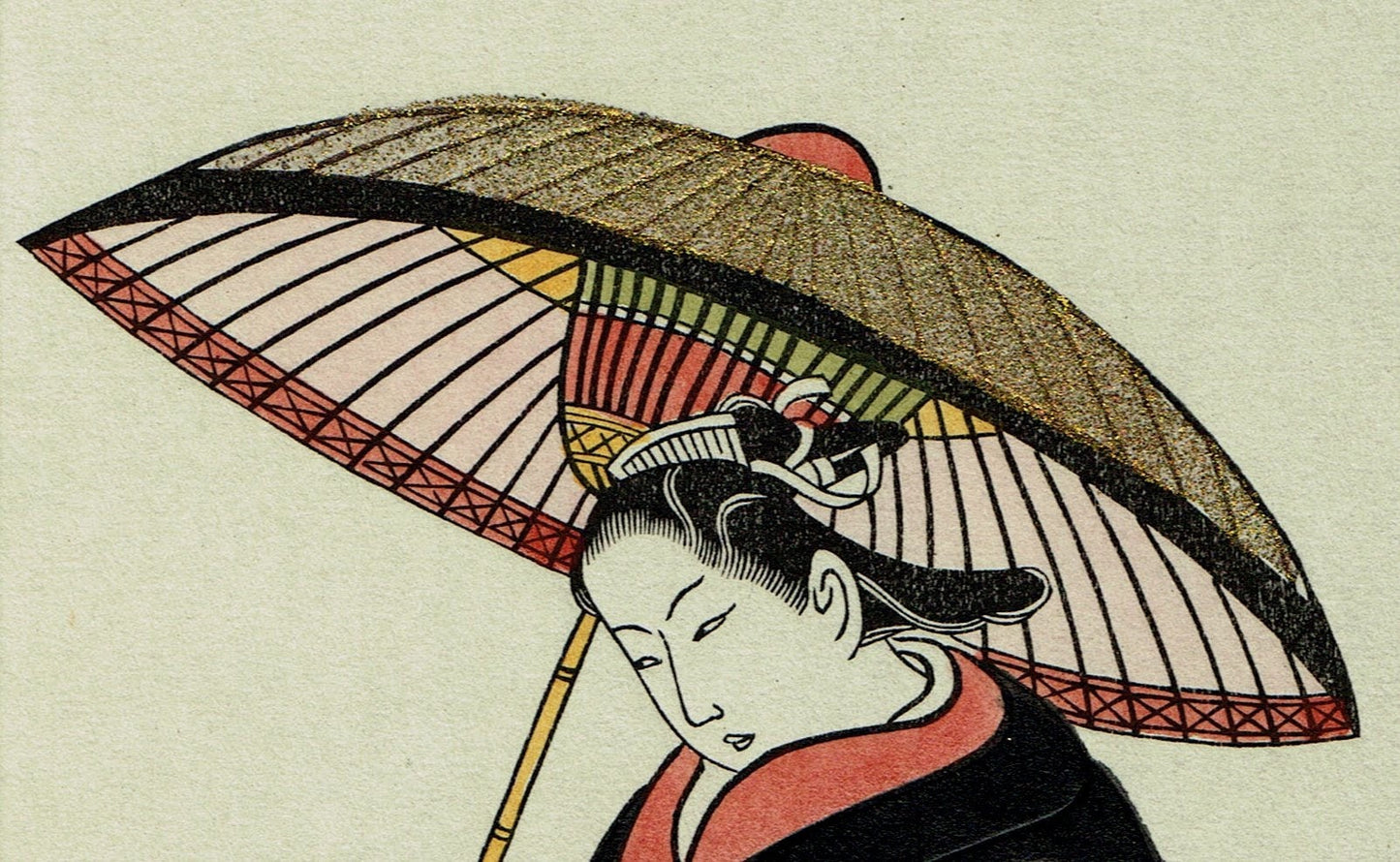 Japanese Ukiyo-e Woodblock print, Torii Kiyotada, "Woman With Umbrella"