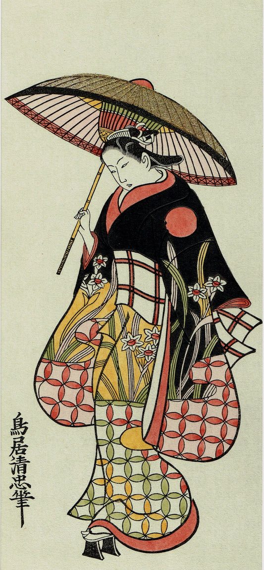 Japanese Ukiyo-e Woodblock print, Torii Kiyotada, "Woman With Umbrella"