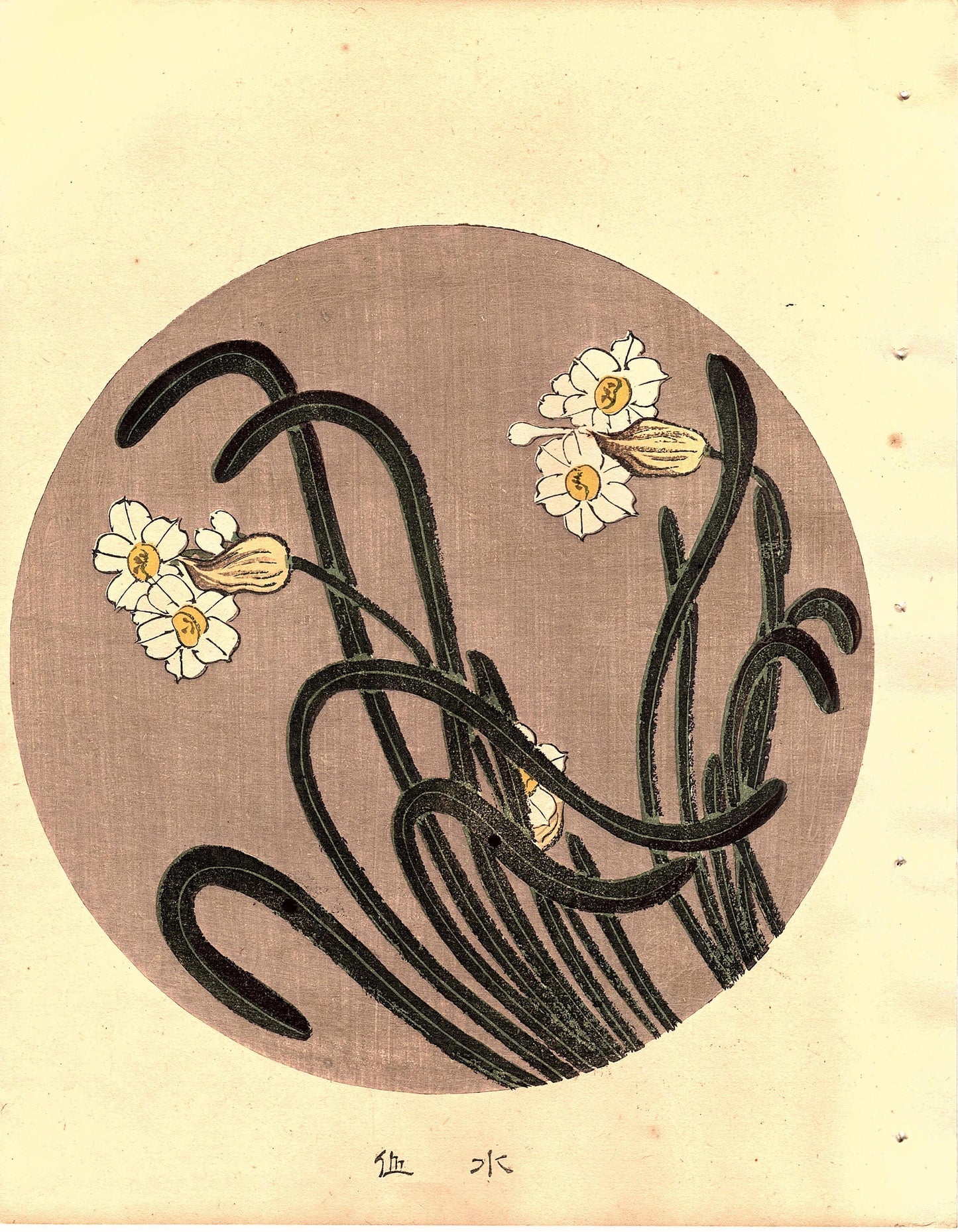 Japanese antique woodblock print, Ito Jakuchu, "Narcissus, from Jakuchu gafu"