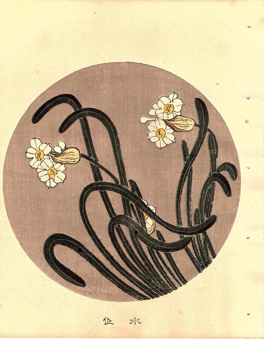 Japanese antique woodblock print, Ito Jakuchu, "Narcissus, from Jakuchu gafu"