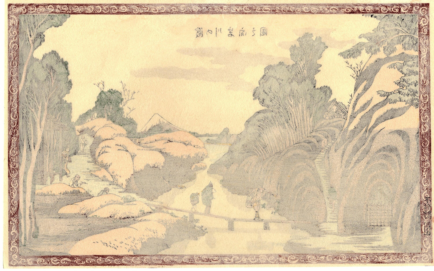 Japanese Ukiyoe, Woodblock print, Katsushika Hokusai, "A scenery on the Taki-no-kawa River"