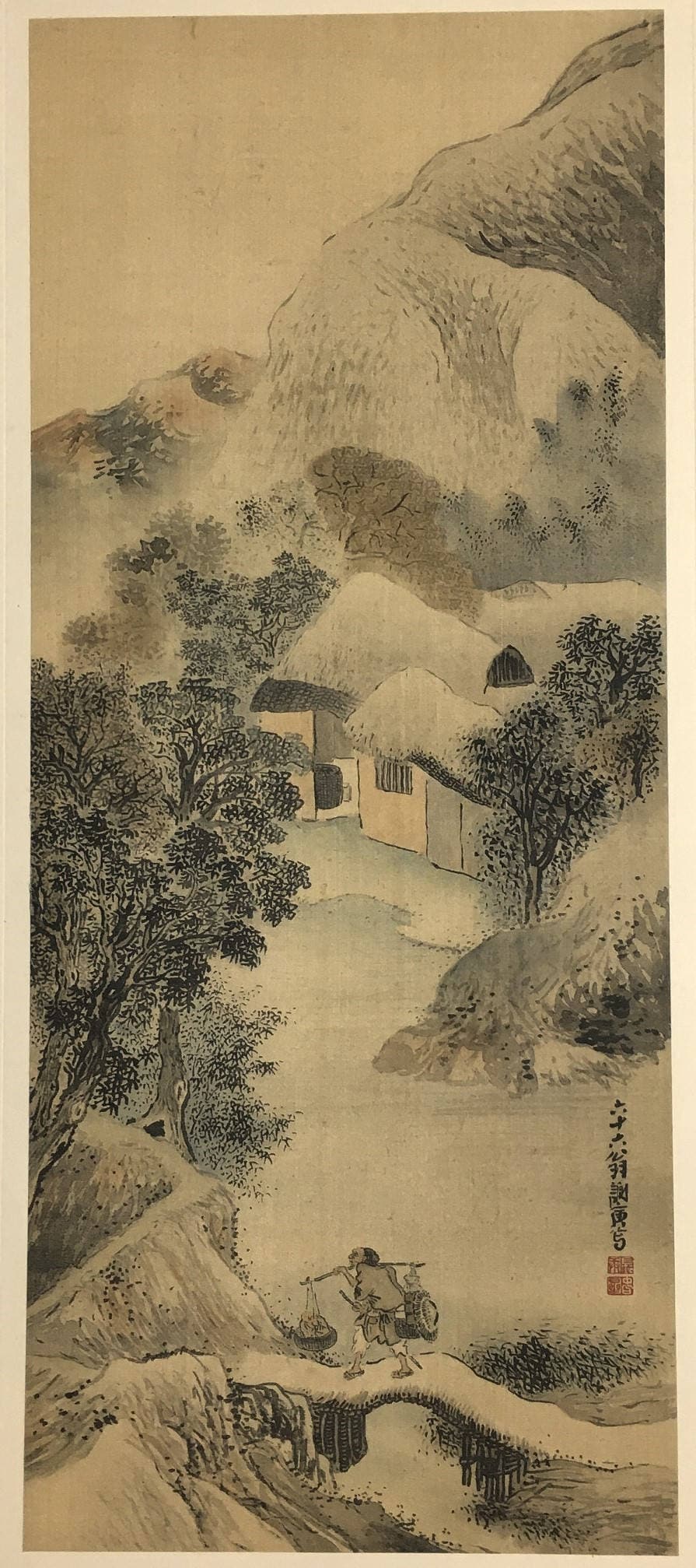 1909, Japanese antique woodblock print, Yosa Buson, "渓村晩露、秋林伐木図双福".