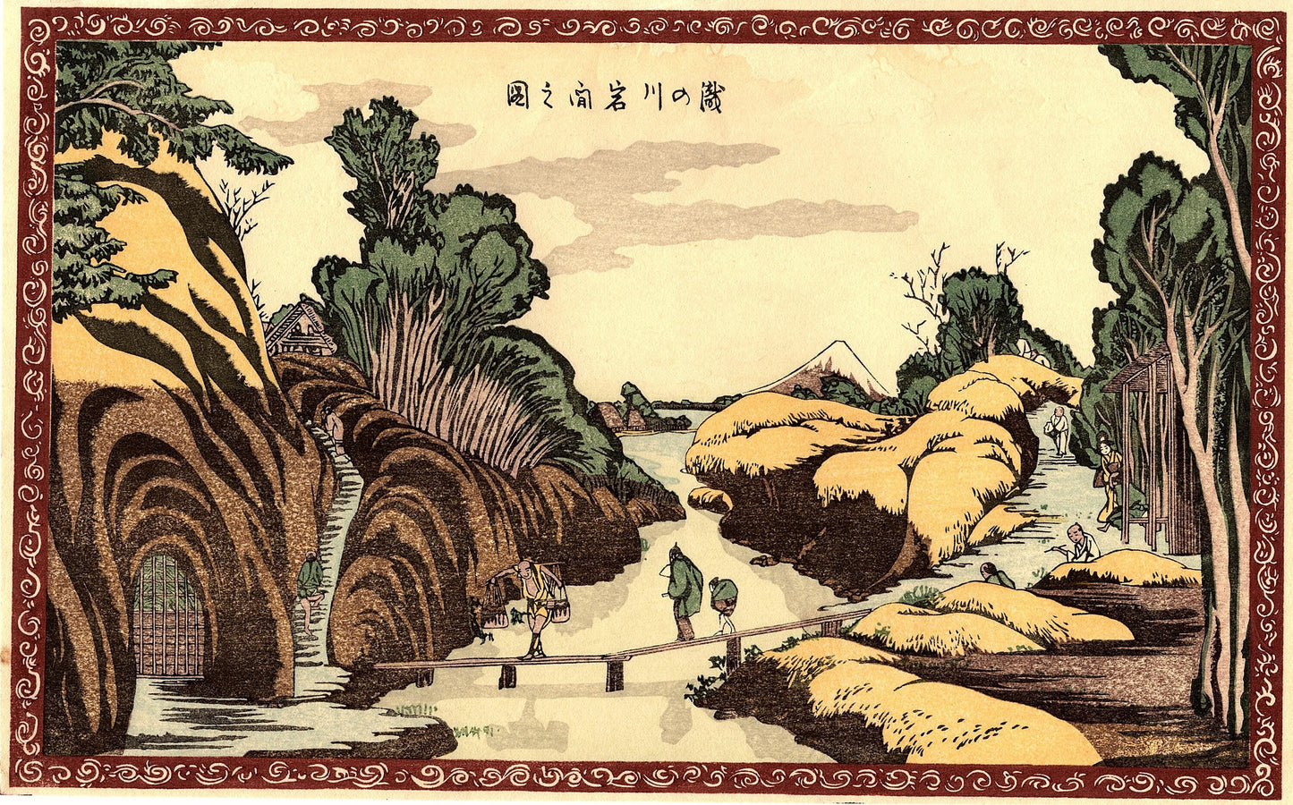 Japanese Ukiyoe, Woodblock print, Katsushika Hokusai, "A scenery on the Taki-no-kawa River"