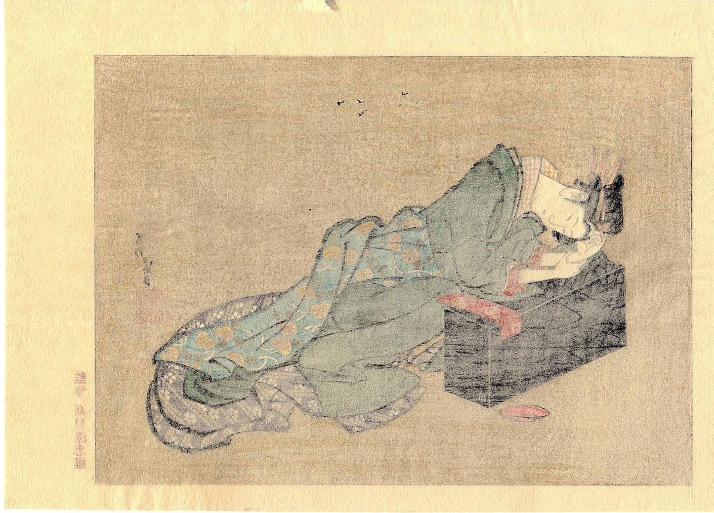 Japanese Ukiyoe, Woodblock print, Katsushika Hokusai, "A pensive looking tipsy bell"