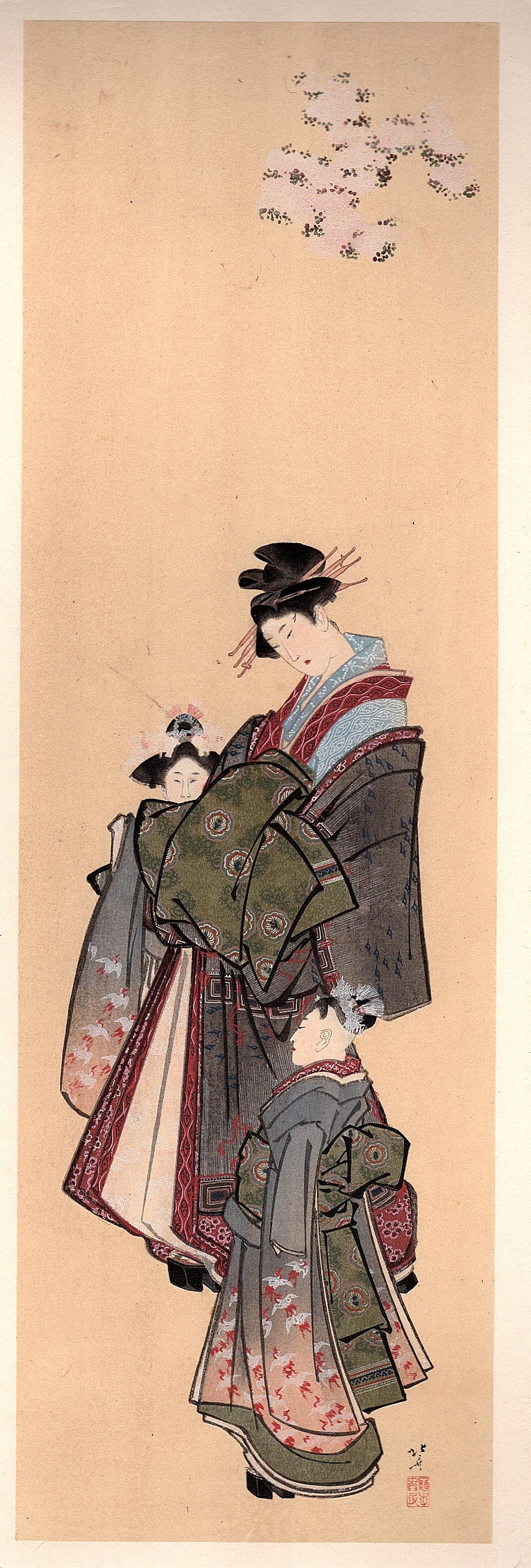 1906, Japanese antique woodblock print, Hokusai Katsushika, "A Beauty und the Full-Blossoms ", from Ukiyoe-ha-gashu.