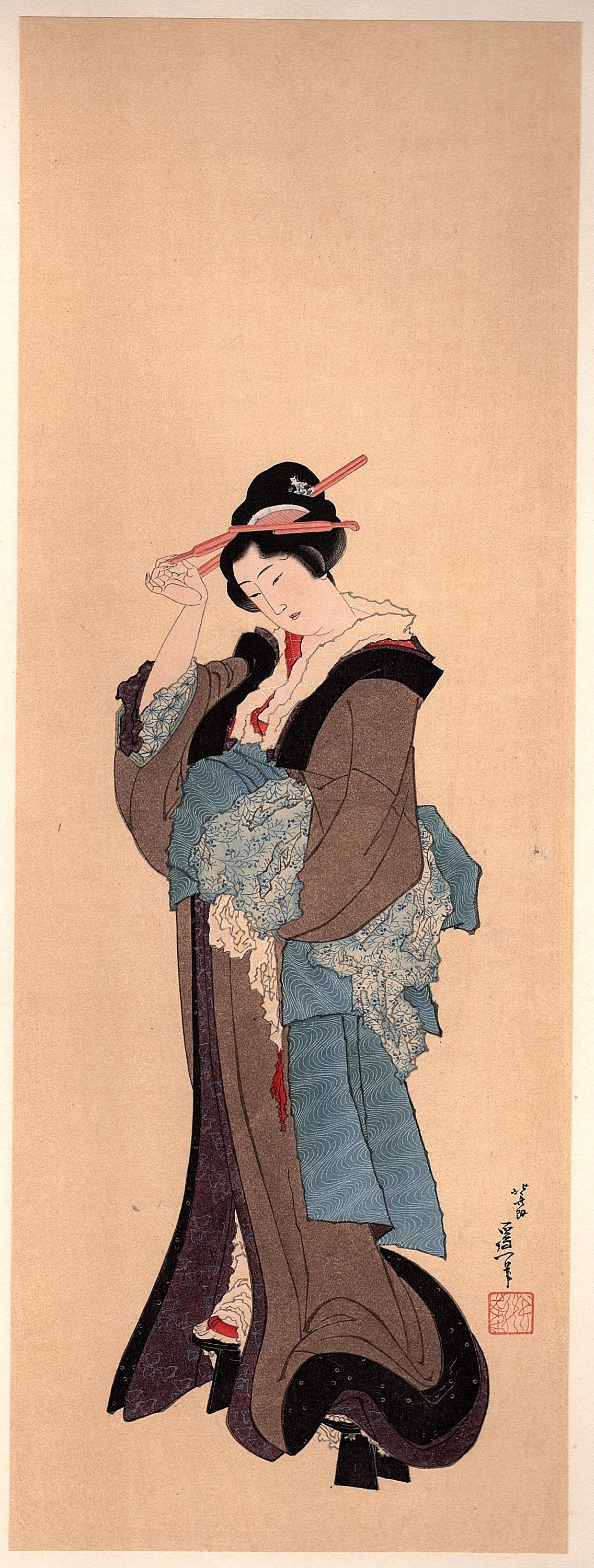 1906, Japanese antique woodblock print, Hokusai Katsushika, "A Beauty After Bathing", from Ukiyoe-ha-gashu.